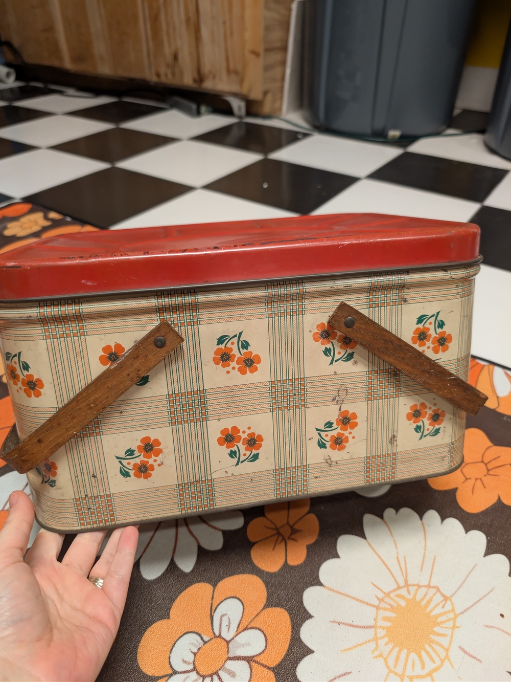 Vintage Floral Metal Picnic Basket Bread Box Red and Cream